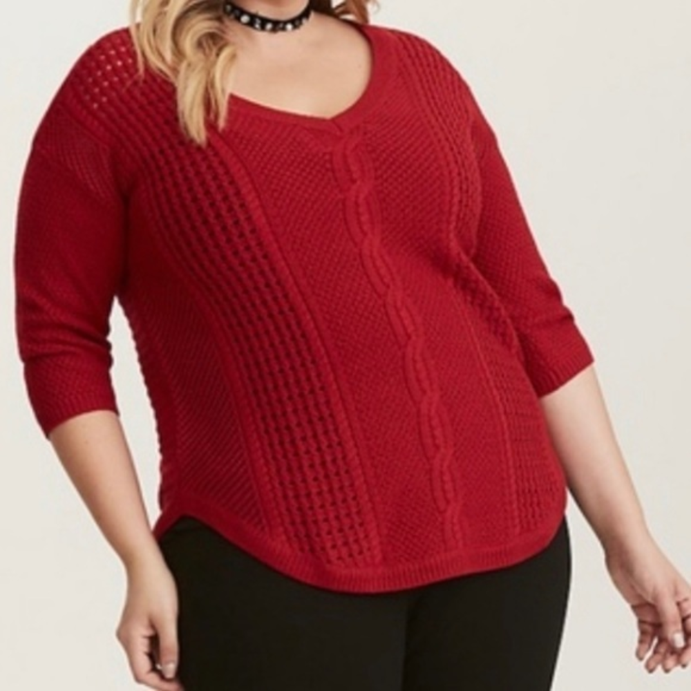 Torrid Red Cable Knit V-Neck 3/4 Sleeve Wool Blend Sweater 1X